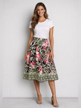 Vintage Talbots Floral A-Line Midi Skirt Black Pink Size 16W